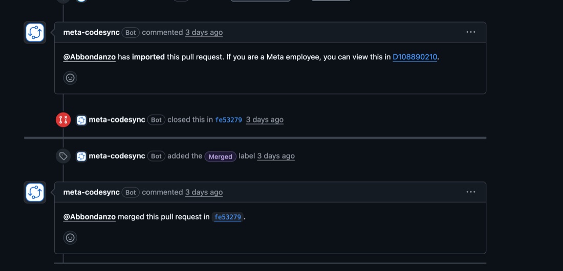 GitHub timeline showing the FlatList performance pull request merged into React Native