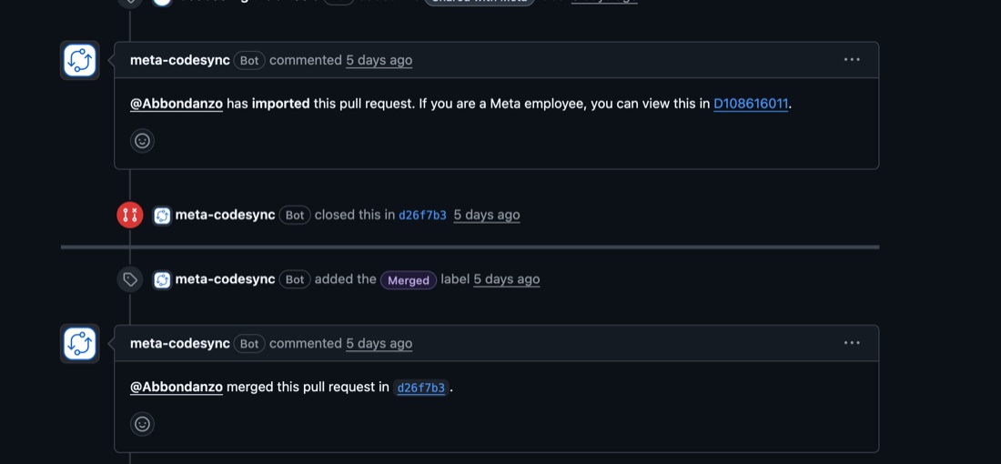 GitHub timeline showing the flattenStyle performance pull request merged into React Native